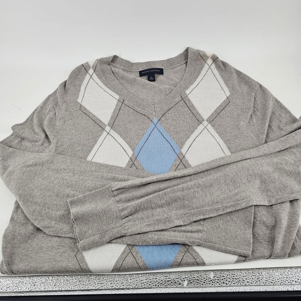 Banana Republic Sweater Mens L Grey Argyle V-Neck Cotton Cashmere Blend Good